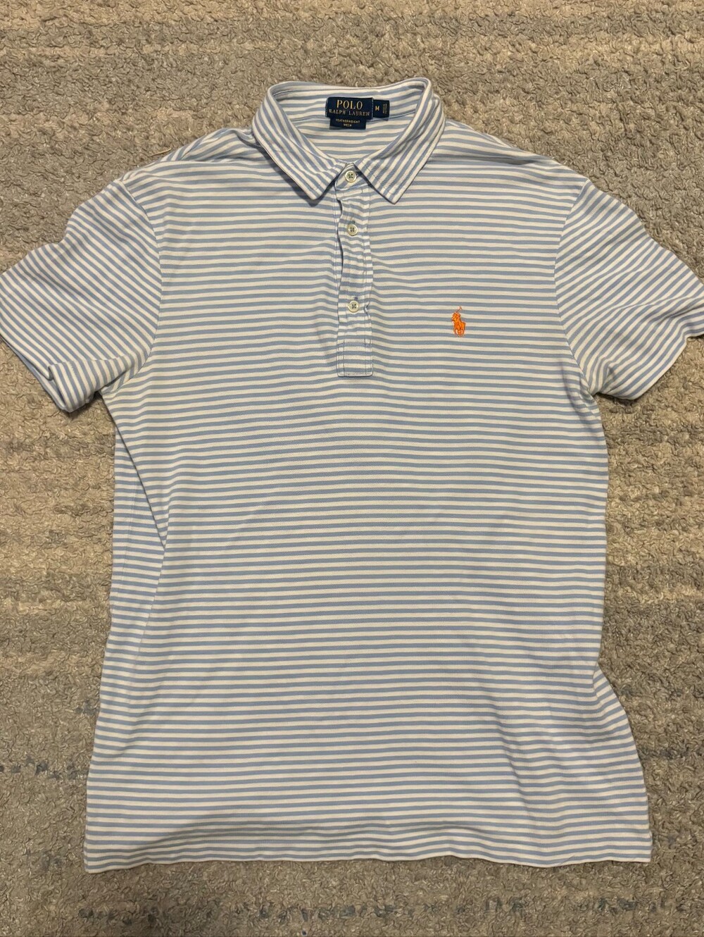 Polo Ralph Lauren Featherweight Mesh Polo Shirt Mens Medium Blue Stripe Orange P
